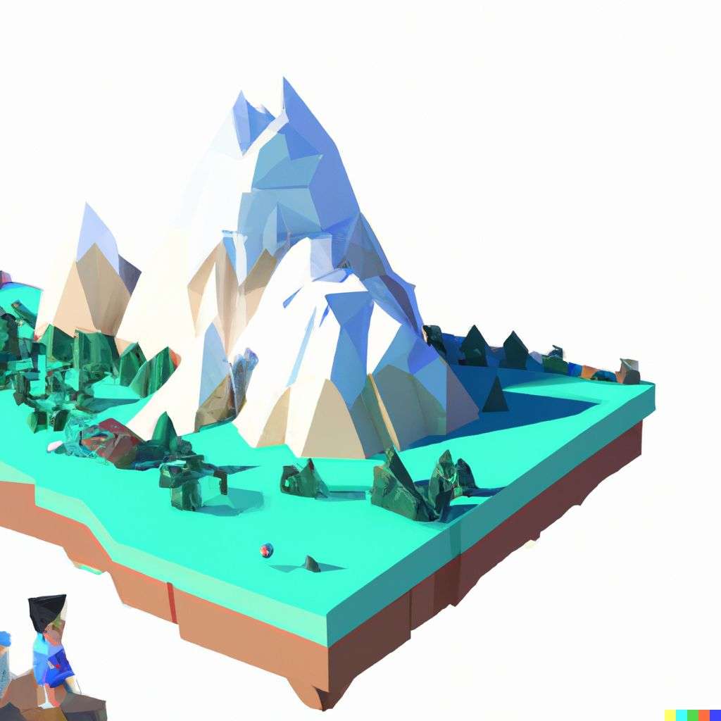 someone gazing at Mount Everest, low polygon isometric render